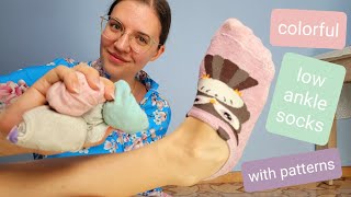 colorful PED SOCKS with patterns trying on  no show socks barefeet natural nails closeup [upl. by Tingey]