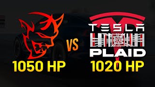 1020 HP Tesla PLAID vs 1050 HP Dodge Demon 14 mile DRAG RACE [upl. by Nalek]