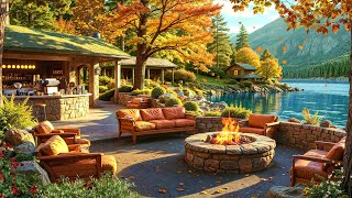 Cozy Fall Outdoor Coffee Shop Ambience 🍂 Morning Smooth Background Jazz Music and Warm Fireplace [upl. by Breskin27]