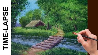 TimeLapse  Acrylic Painting For Beginner  Old Wooden Bridge Across The River  Step By Step [upl. by Thesda]