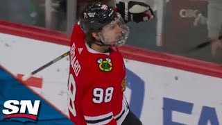 Blackhawks Connor Bedard Shot Sneaks Through FiveHole For First Goal Since Return From IL [upl. by Rybma]