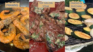 DINNER IDEAS  PRAWNS TOP SIRLOIN STEAK AND GRILLED ZUCCHINI amp ONIONS [upl. by Bensen901]