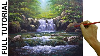 Acrylic Landscape Painting TUTORIAL  Waterfalls and Rushing River in the Forest  JMLisondra [upl. by Elletnohs]