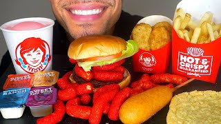 ASMR WENDYS MUKBANG HOT CHEETOS NUGGETS CHEESEBURGER CORN DOG FROSTY FRIES JERRY EATING SHOW [upl. by Ihn]