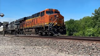 Slow moving Q train ft NS Dash 9 BNSF Transcon Emporia sub52723 [upl. by Samohtnhoj626]