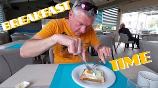 Greece Kalamaki Breakfast at our hotel Banter and viewer shout outs food fun travel breakfast [upl. by Lleynod924]