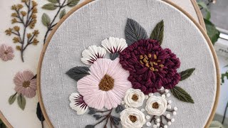 Pink and Burgundy peonies Hand embroidery for beginners [upl. by Ennoirb341]