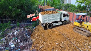 Open Job Filling Land by Dump truck 5Ton With Skillful Bulldozer KOMATSU D31A push soil mix VDO [upl. by Adnert553]