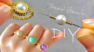 DIY Simple Beaded Rings  How to Make Seed Bead Rings  Beaded Herringbone Stitch Tutorial [upl. by Rfinnej]