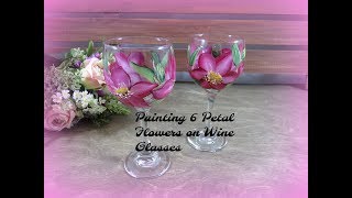 Painting 6 Petal Flowers on Wine Glasses  Painting Wine Glass Painting Tutorial  Aressa  2018 [upl. by Ayanej]