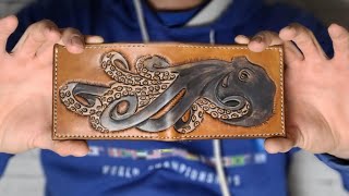 Making a vegetable tanned Leather Wallet with a Tooled and Painted Octopus [upl. by Luttrell]