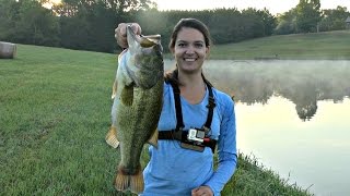 Fishing Ponds from the Bank  Liz Catches 7 lb 11 oz Bass [upl. by Cara874]