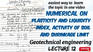 numerical on plasticity and liquidity index activity and shrinkage limit  soil mechanics  lec 12 [upl. by Coates]