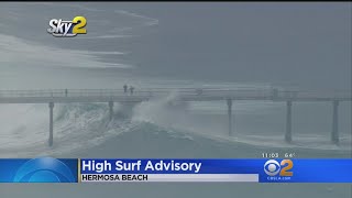 Huge Waves Skim Bottom Of Hermosa Beach Pier [upl. by Eivol]