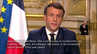 Coronavirus  quotLes crèches les écoles les lycées les universités seront fermésquot Emmanuel Macron [upl. by Boswall107]