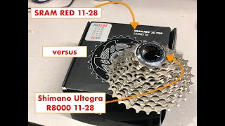 SRAM RED 1128 vs Shimano Ultegra R8000 1128 cassette weight [upl. by Llenor]