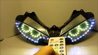 2003  2009 Yamaha R6 R6S 2 Color Changing remote control Quad Halo angel eyes headlights HID Kit [upl. by Beuthel]