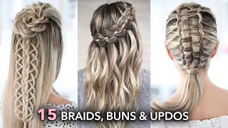 15 Beautiful Braids Buns and Updos  Easy Hairstyle Tutorial [upl. by Sakhuja]