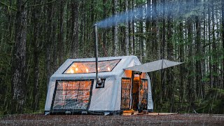 Ep 17 Cozy Winter Camping in the Rain with Inflatable Tent and Wood Stove ASMR Heating Pad [upl. by Lethia]