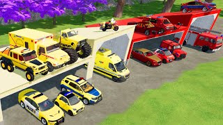 TRANSPORTING CARS AMBULANCE POLICE CARS FIRE TRUCK MONSTER TRUCK OF COLORS WITH TRUCKS  FS 22 [upl. by Ahsikin47]