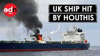 Britishlinked Tanker on Fire After Houthi Missile Attack [upl. by Micco]