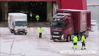 Long haul truck slips when reversing onboard ferry on winter ice 2712 2023  IN VIAViking Line [upl. by Kaleb]