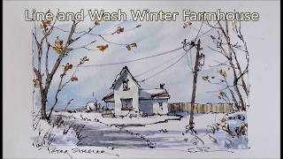 Winter farmhouse Line and Wash Watercolor Quick and easy style Peter Sheeler [upl. by Llatsyrc706]