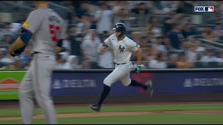 Giancarlo Stanton gets injured jogging around 3rd base vs Braves [upl. by Ryon]